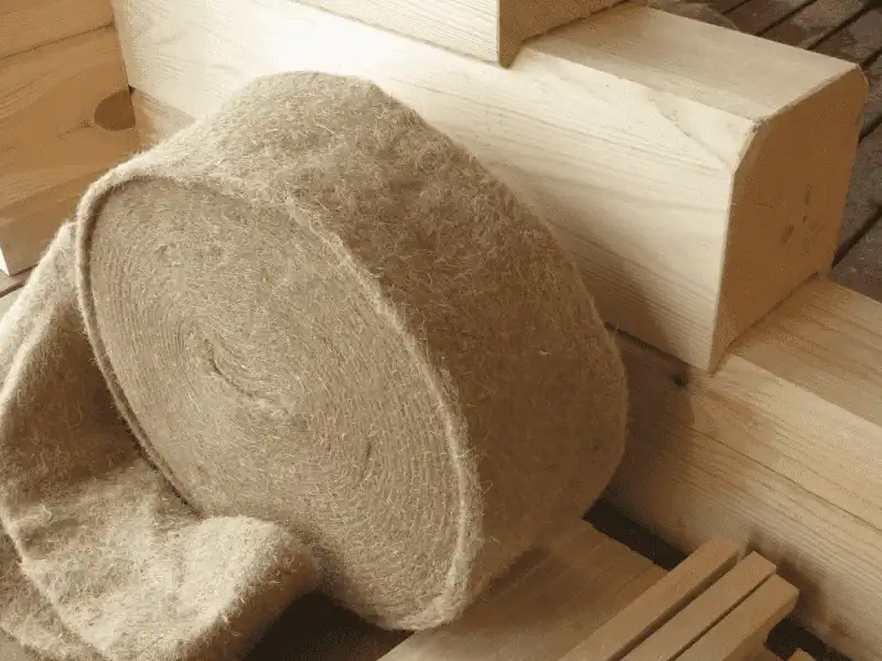 Naturalna taśma lniana używana do uszczelniania domów z bali Nest Homes – ekologiczny materiał izolacyjny z włókien lnu, idealny do konstrukcji drewnianych.