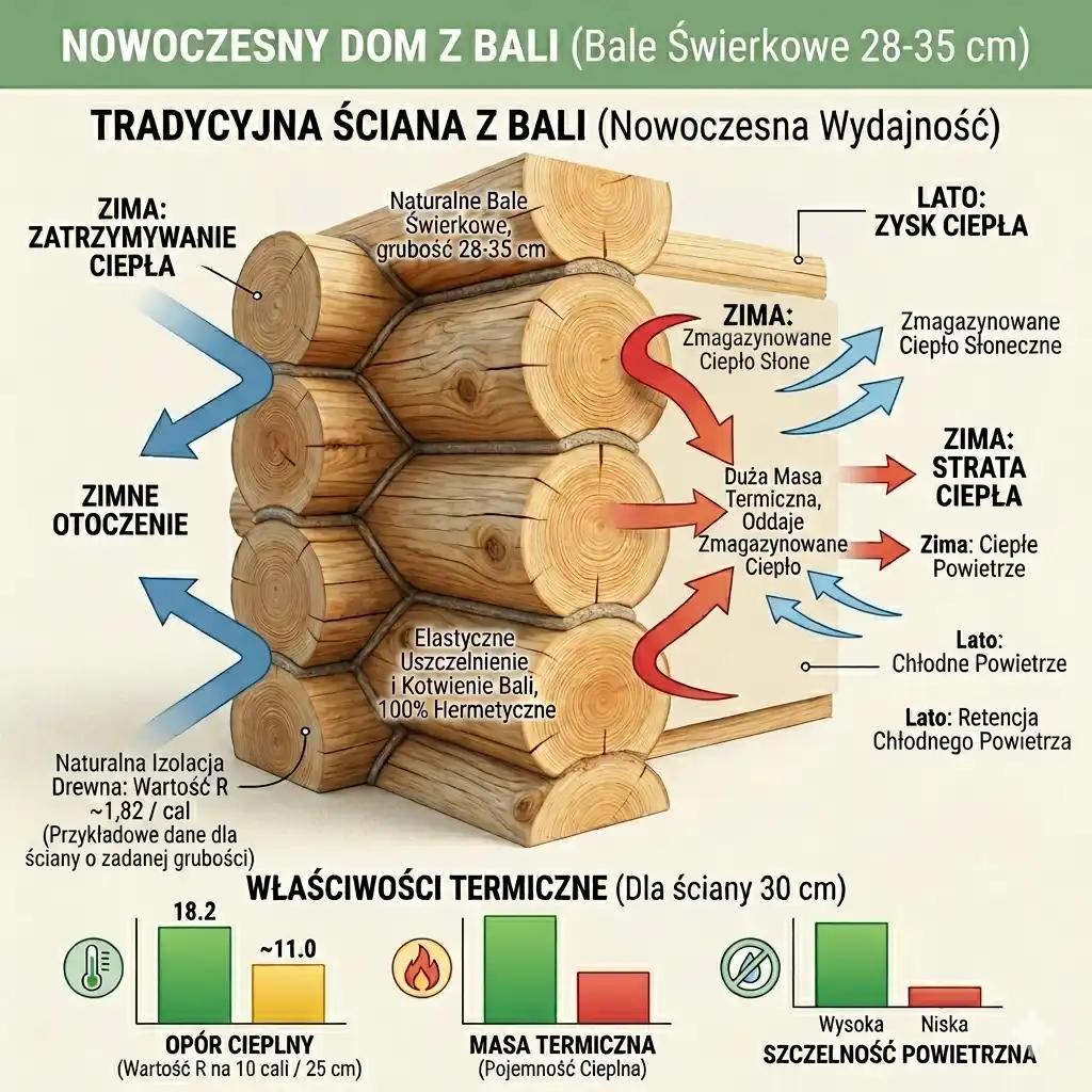 Schemat przekroju ściany z bali o grubości 30 cm przedstawiający właściwości termiczne i masę cieplną drewna
