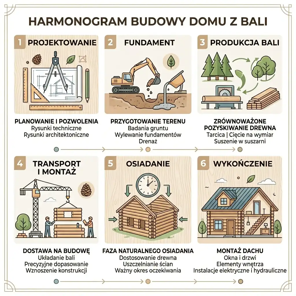 Infografika przedstawiająca proces budowy domu z bali krok po kroku. Harmonogram prac obejmuje projektowanie, fundamenty, produkcję bali, montaż domu z drewna, osiadanie konstrukcji oraz wykończenie pod klucz. Nowoczesny poradnik budowy domów drewnianych w stylu skandynawskim.