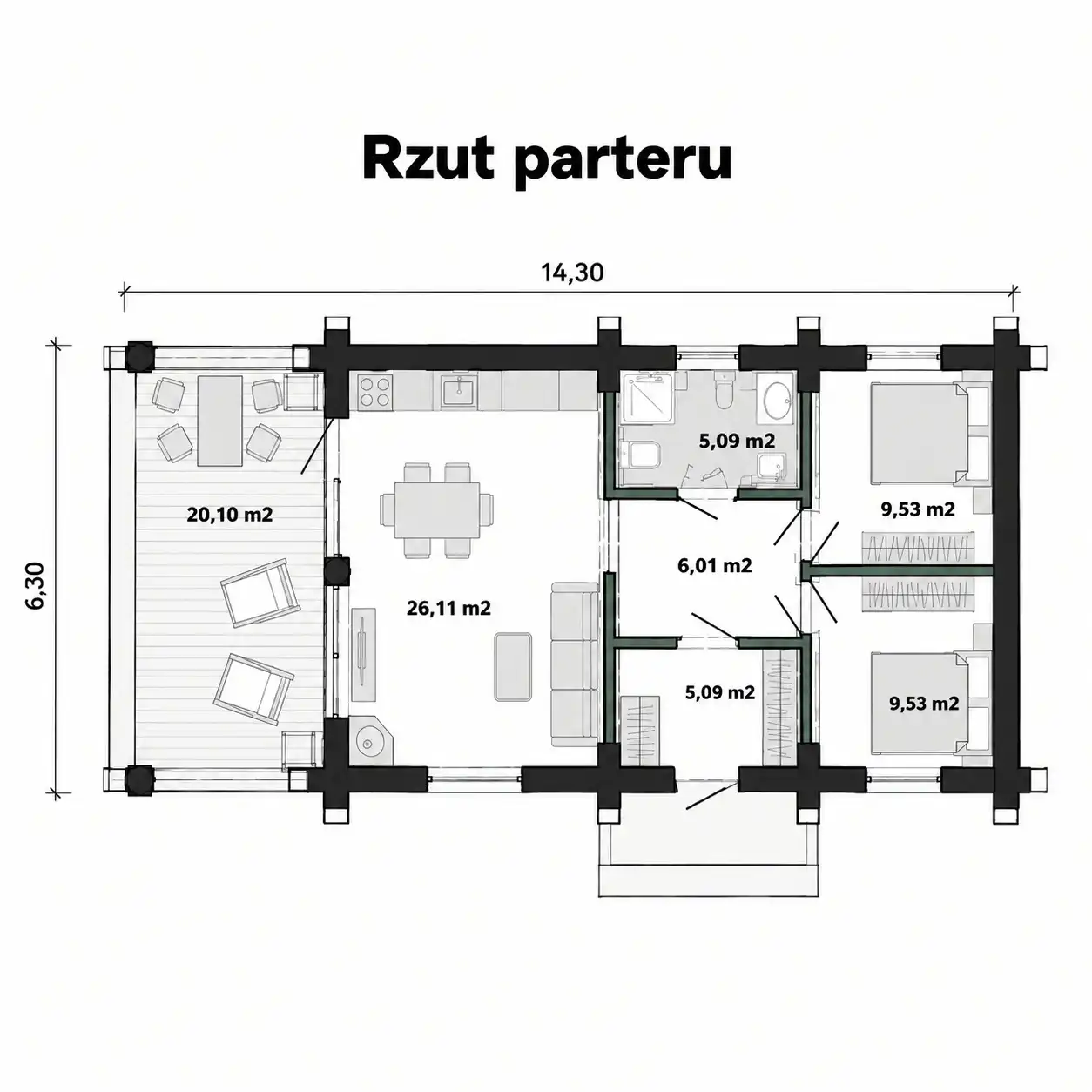 Projekt domu z bali Katarzyna – rzut parteru z układem pomieszczeń