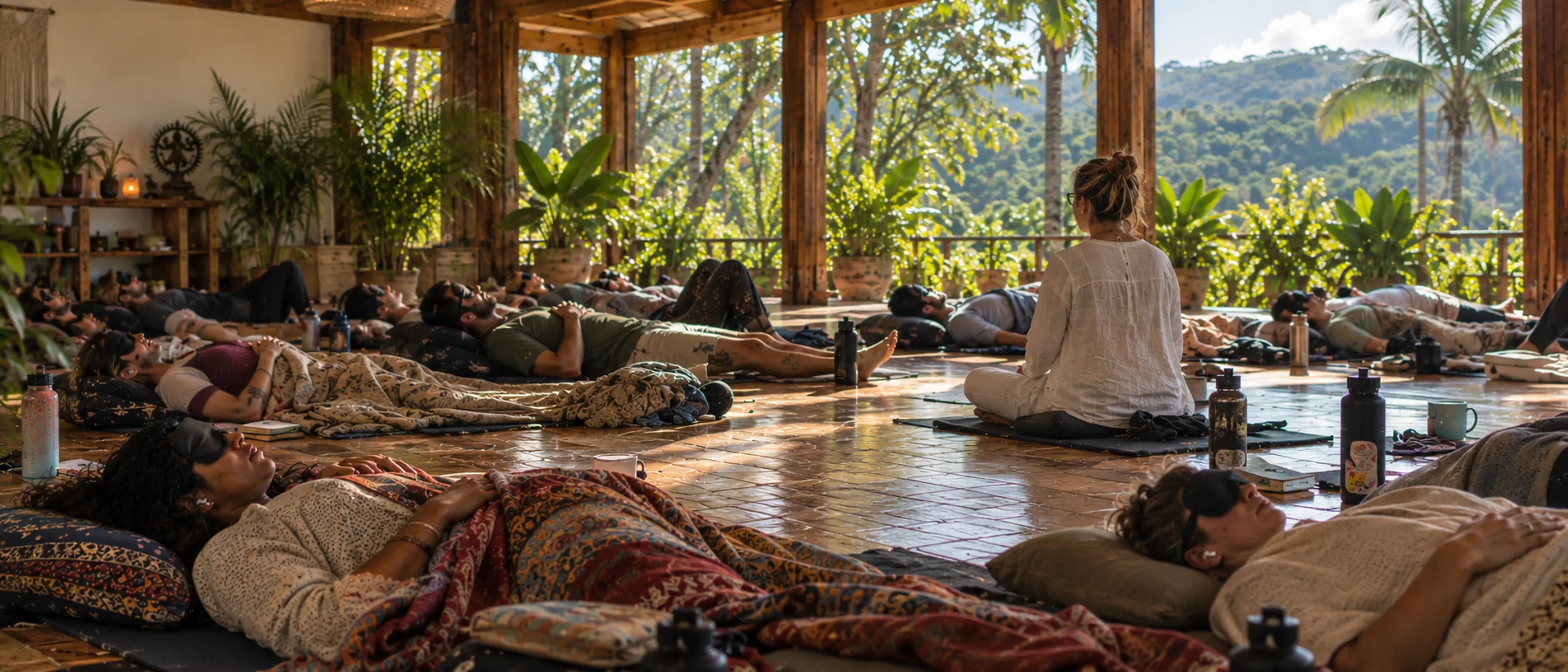 People resting on mats under blankets and eye masks in an open-air timber pavilion at a retreat