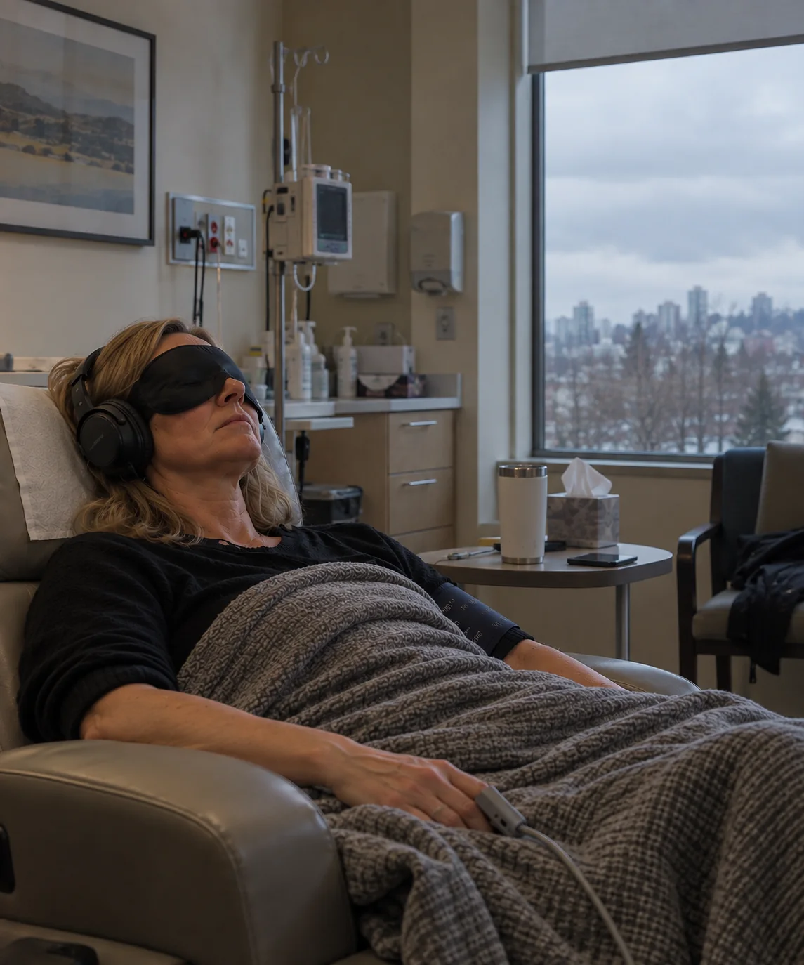 Woman resting with an eye mask and headphones during monitored ketamine treatment in a private clinic.
