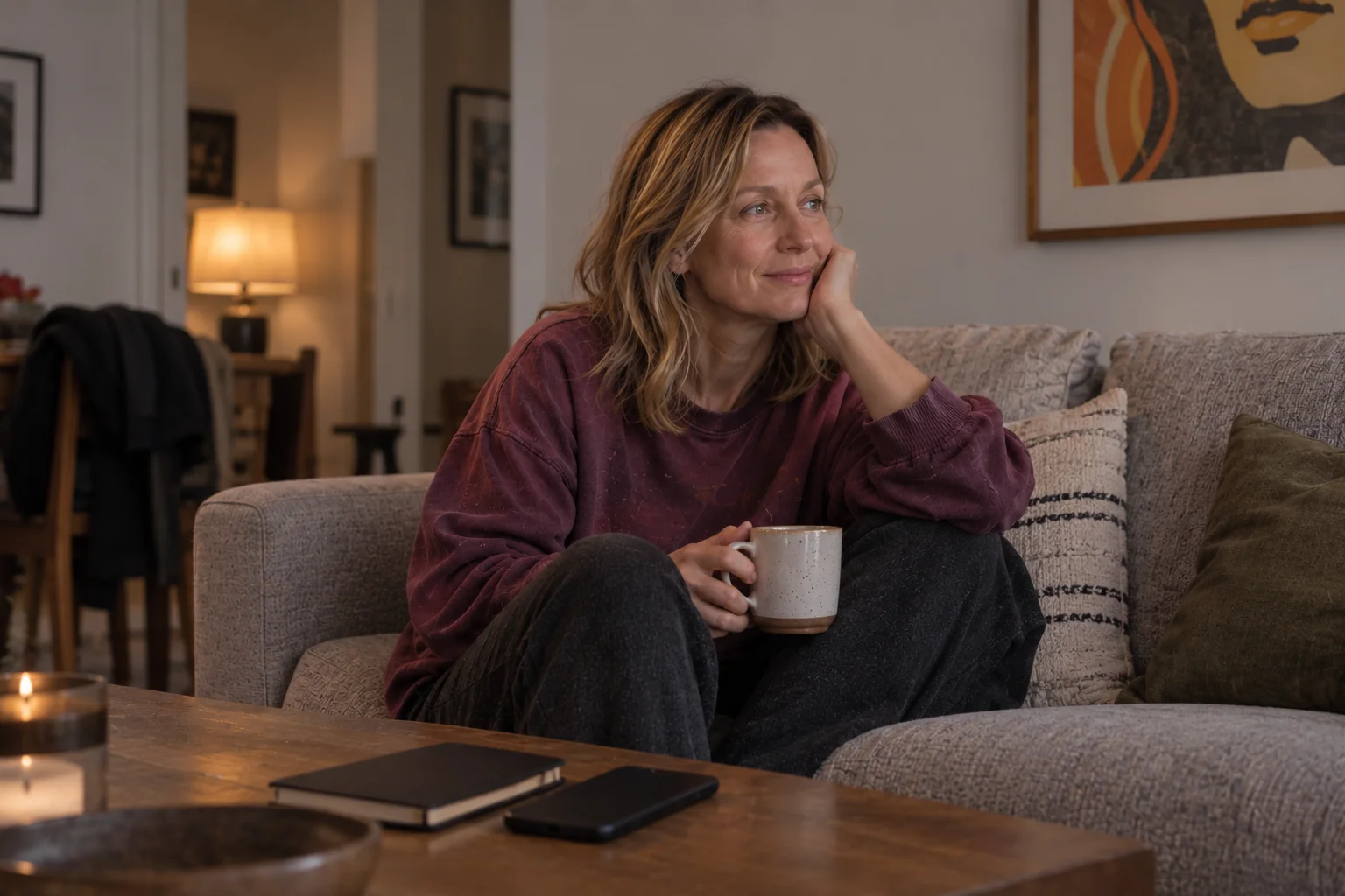 Woman sitting at home reflecting after a ketamine treatment experience.