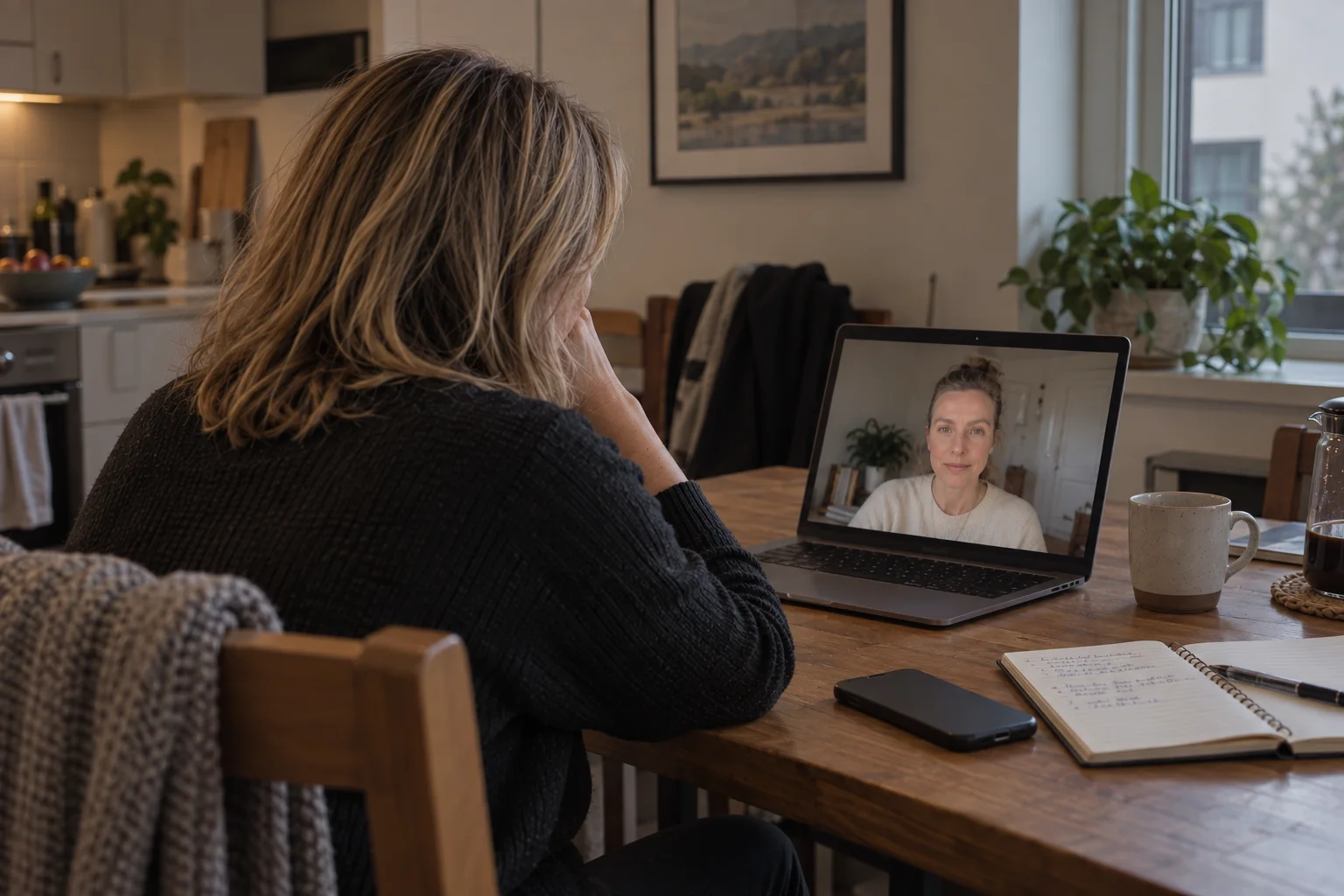 Woman speaking with her therapist online from home after ketamine treatment.