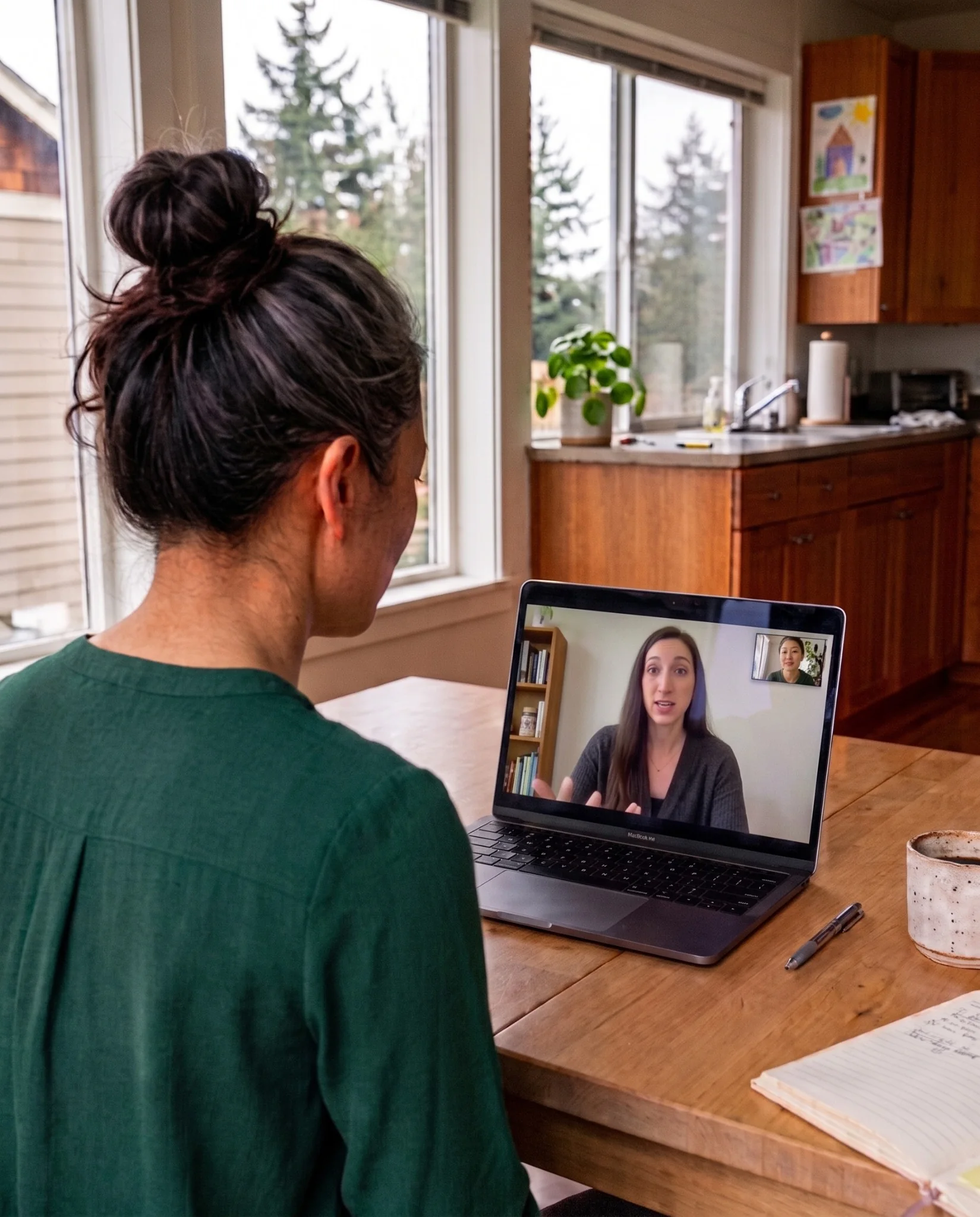 Woman at home in an online preparation session with her P.A.T.H. therapist.