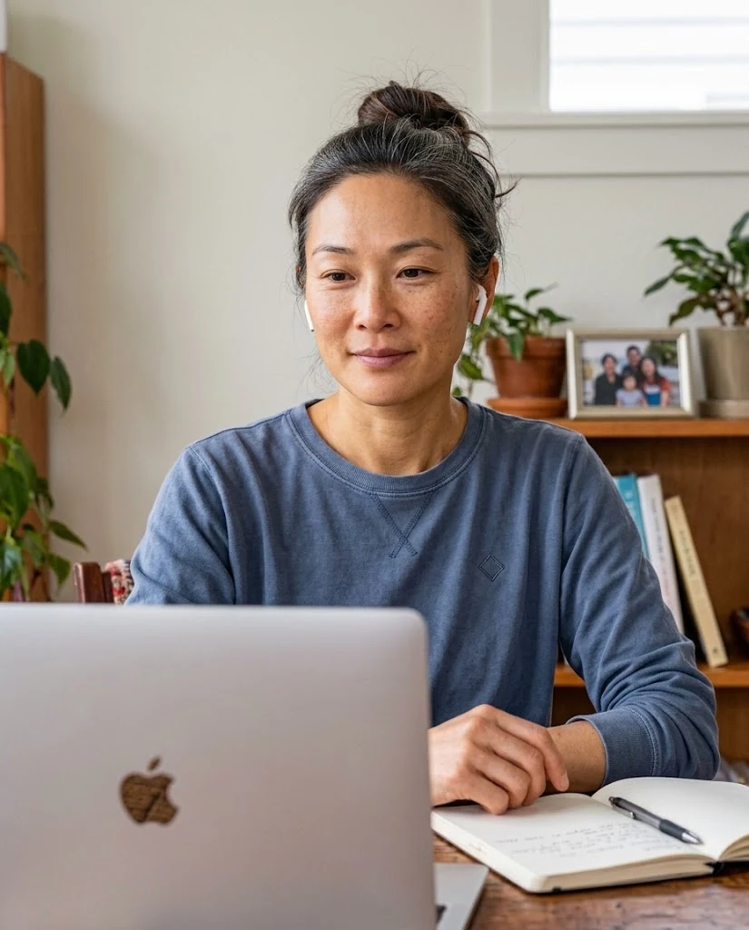Woman back in an online integration session with her therapist, brighter and more open.