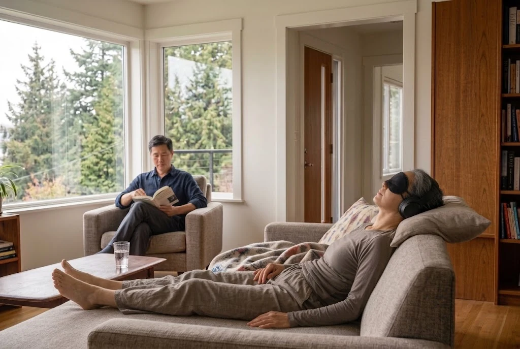 Woman reclining at home with an eye mask and headphones while her partner sits quietly nearby.