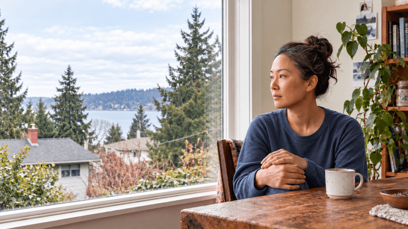 Woman at home looking out of her window, thinking.