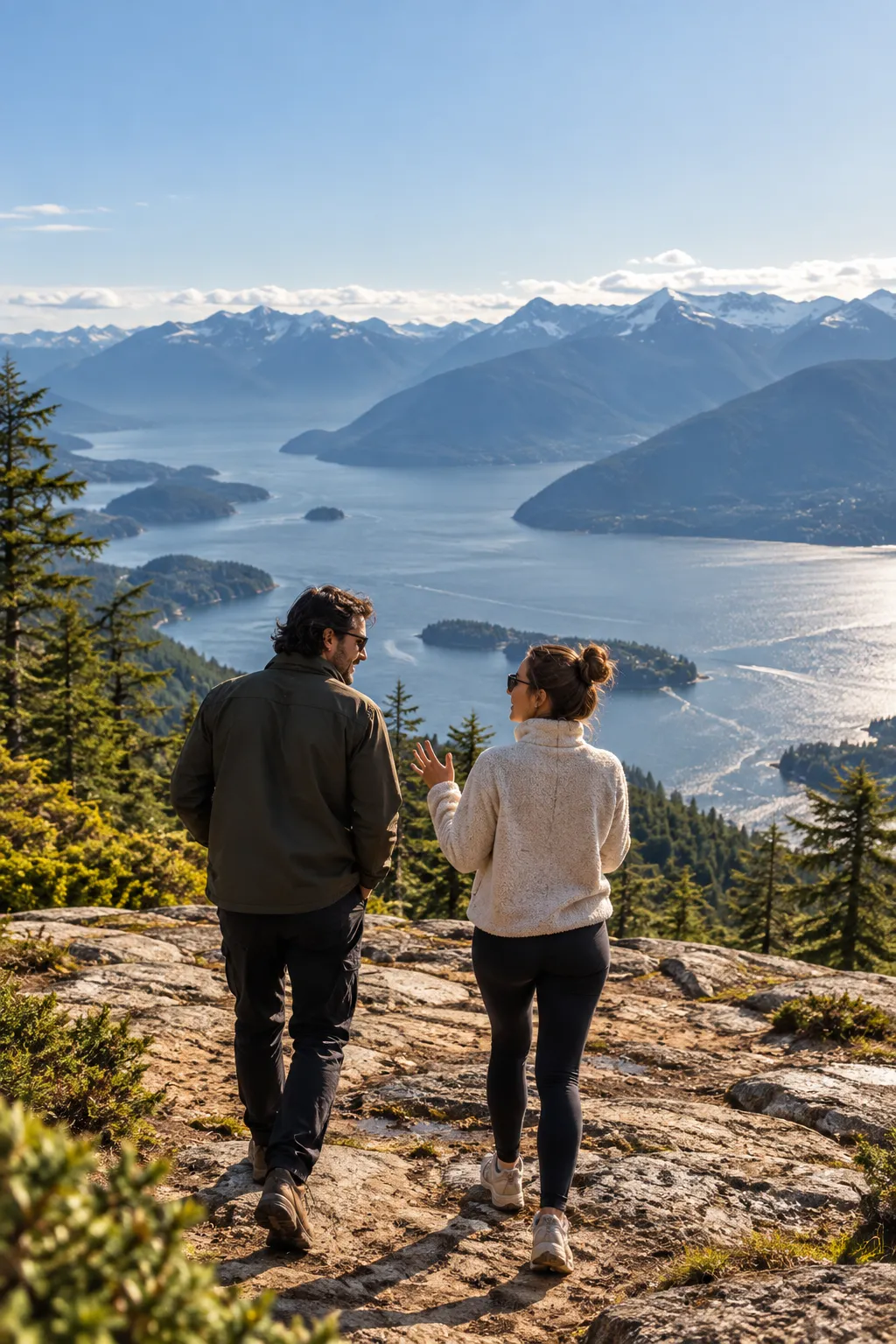 Two people walking and talking on a granite trail above Howe Sound, British Columbia.