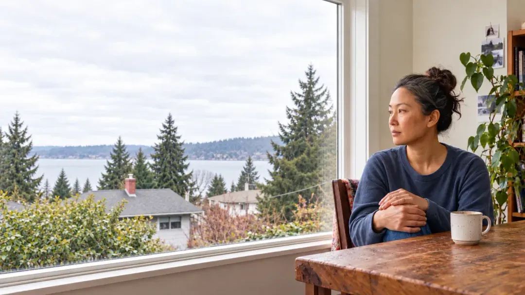 A woman sitting at a kitchen table by a large window, looking out at trees and water.