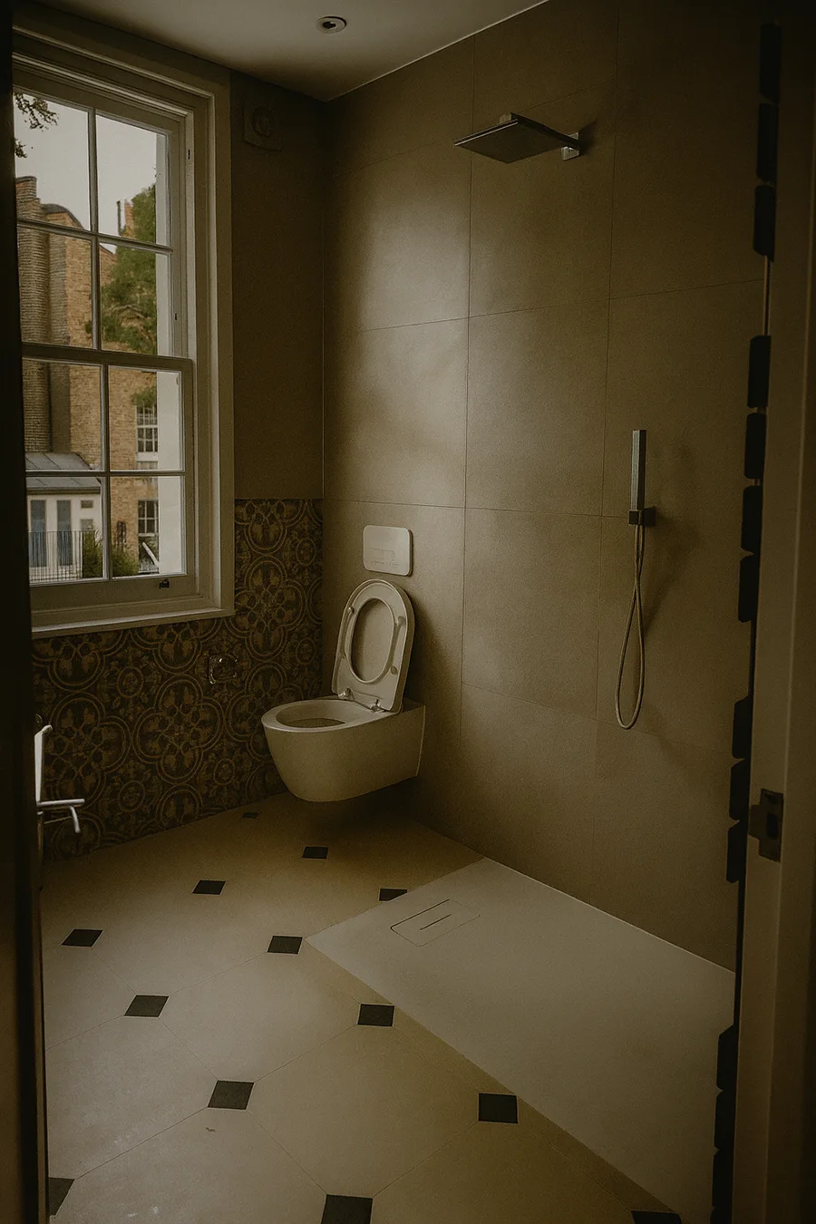 Bathroom with stone details and low-profile ventilation