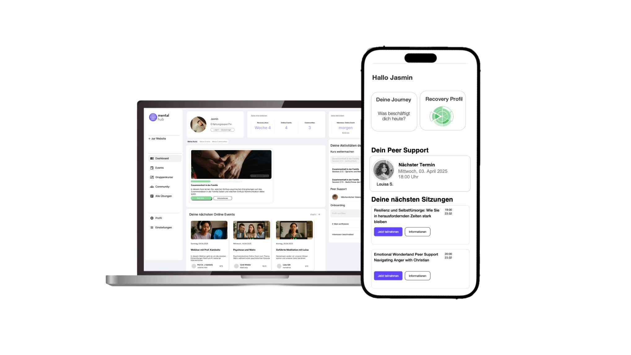 Zeigt die Plattform als Webapp und Mobile App. Nutzer können über die Seitenleiste navigieren, einem Online Event teilnhmen oder einen 1:1 Beratungsgespräch mit einer Genesungsbegleiterin ausmachen