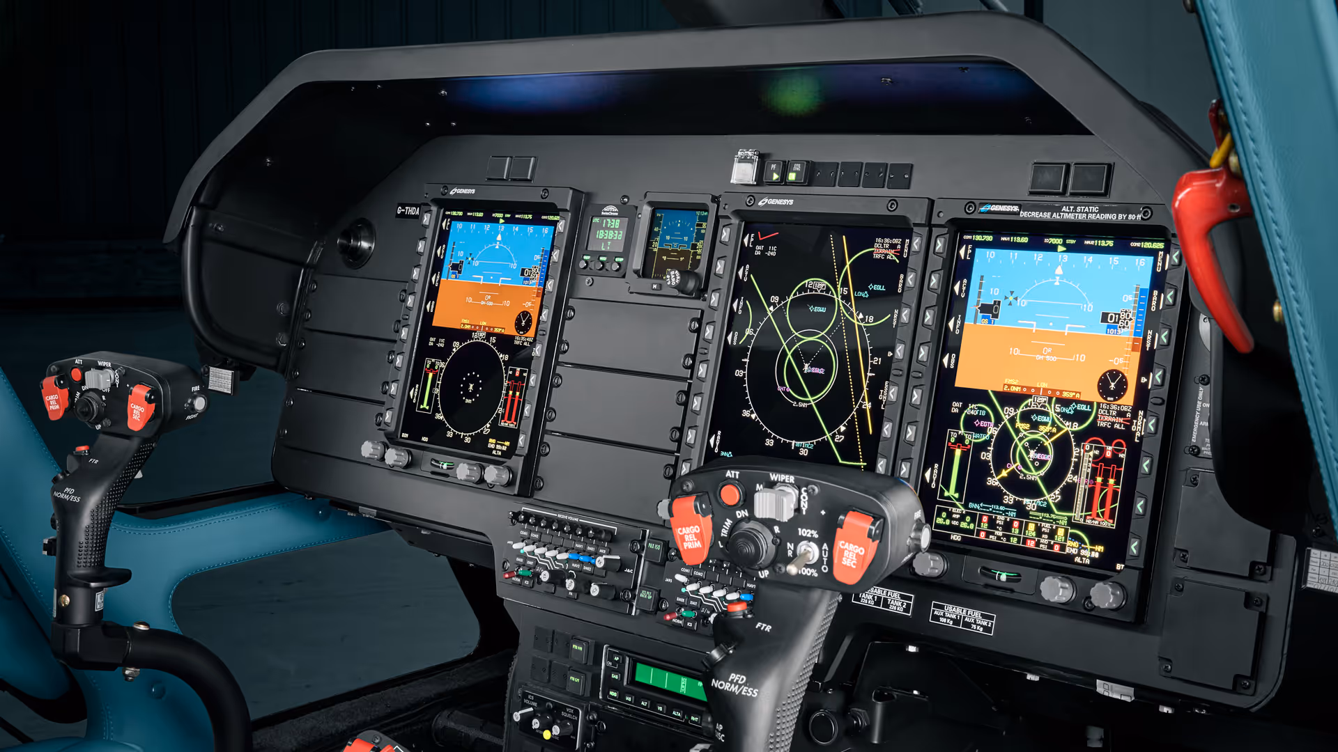 Close-up of a modern aircraft cockpit with three digital instrument displays and control sticks.