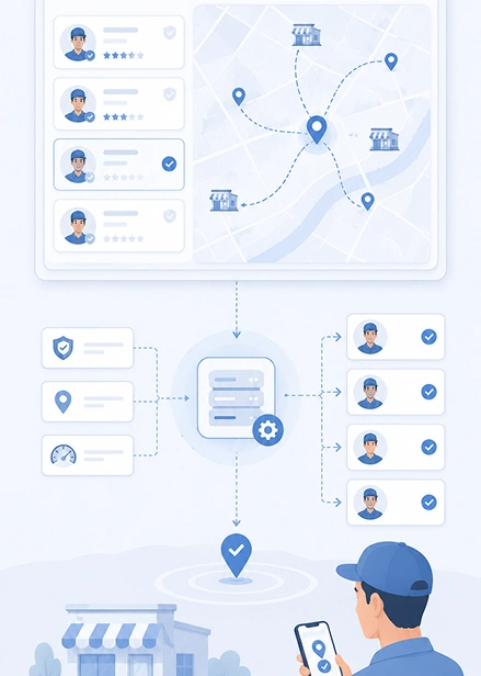 Illustration of a man using a location app to assign certified drivers to stores on a map.