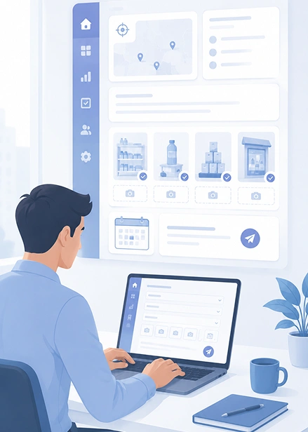 Man working on laptop at desk showing task setup with icons for products, map, calendar, and messages.