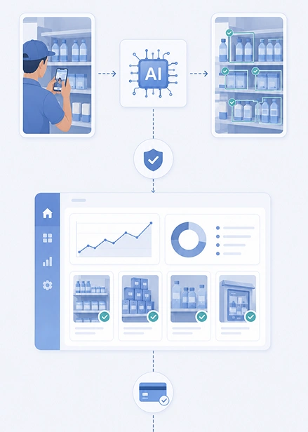 Diagram showing AI verifying products on shelves, updating a dashboard, then confirming purchase security.