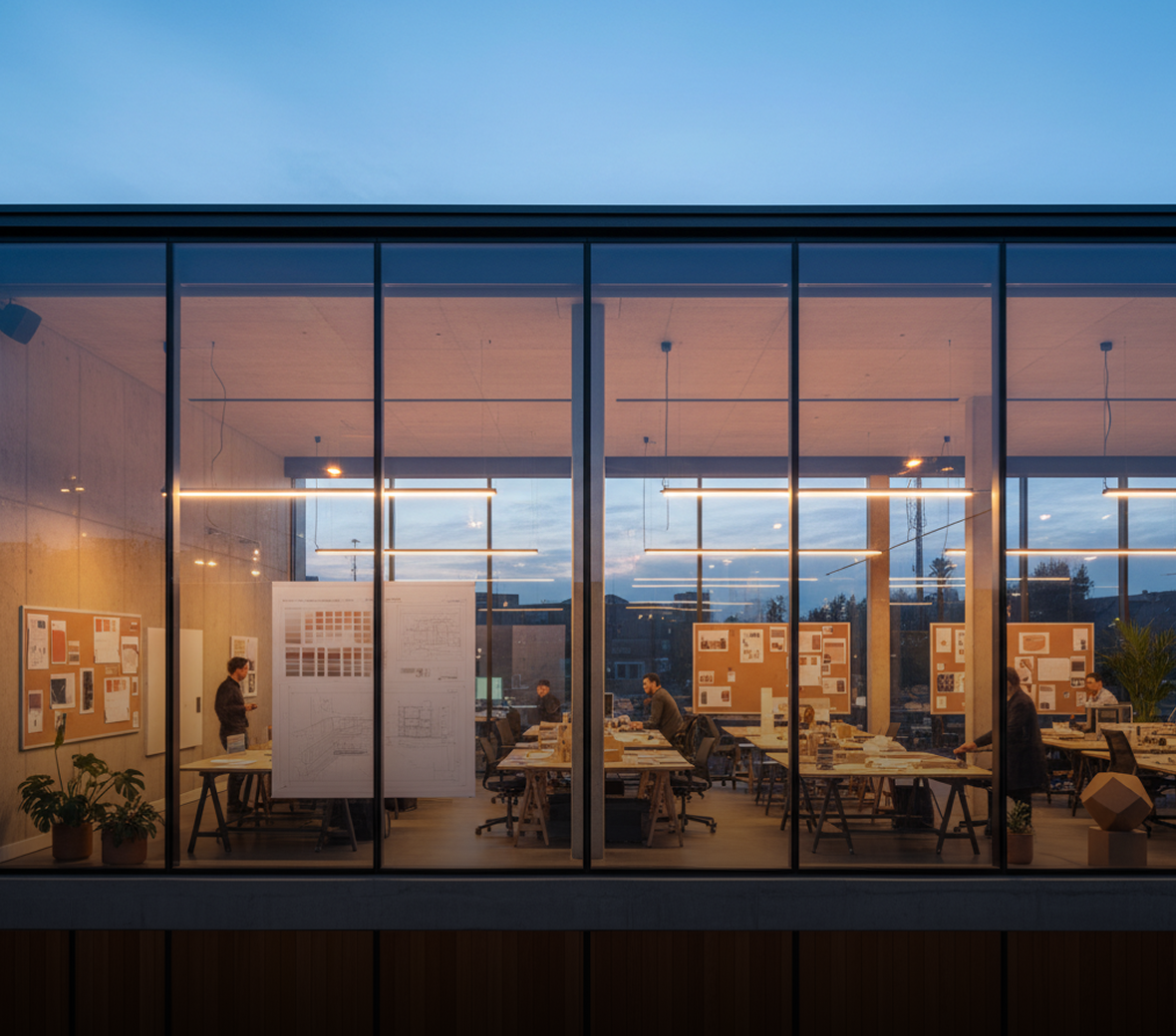 Modern architecture studio interior at dusk, with designers reviewing plans at drafting tables behind floor-to-ceiling glass