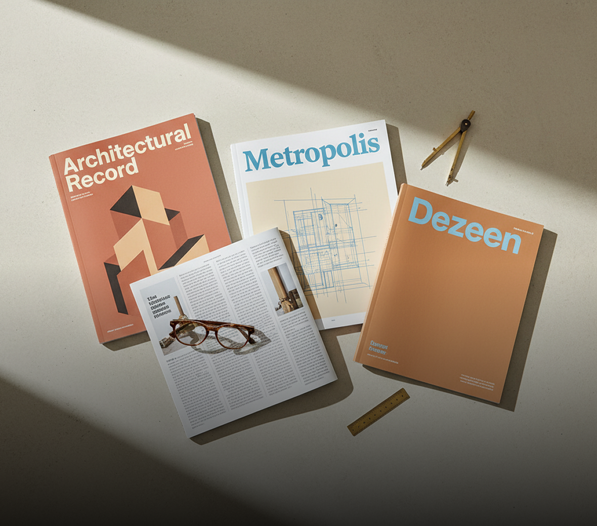 Stack of architecture and design magazines including Architectural Record, Metropolis, and Dezeen, styled with drafting tools