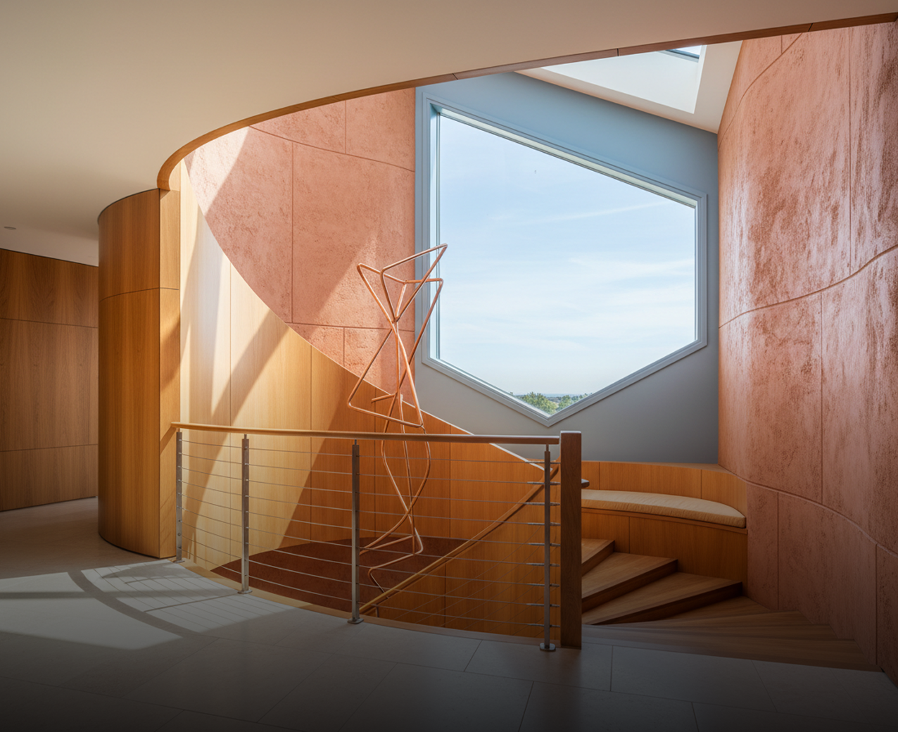 Curved staircase interior with warm wood paneling, pink textured walls, and a sculptural copper accent piece