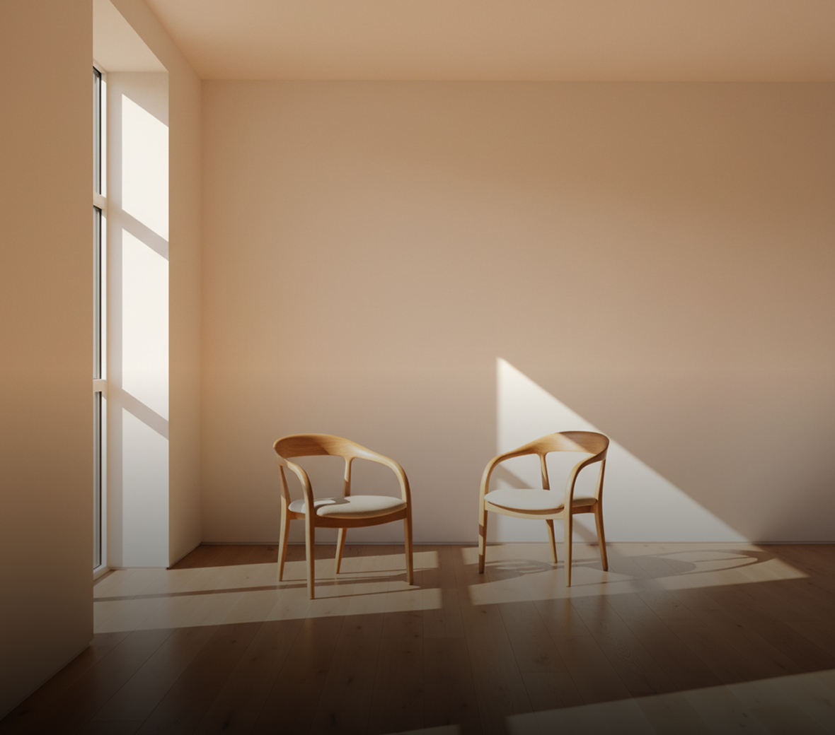 Two wooden armchairs in a minimalist sunlit room, with natural light casting long shadows across the floor