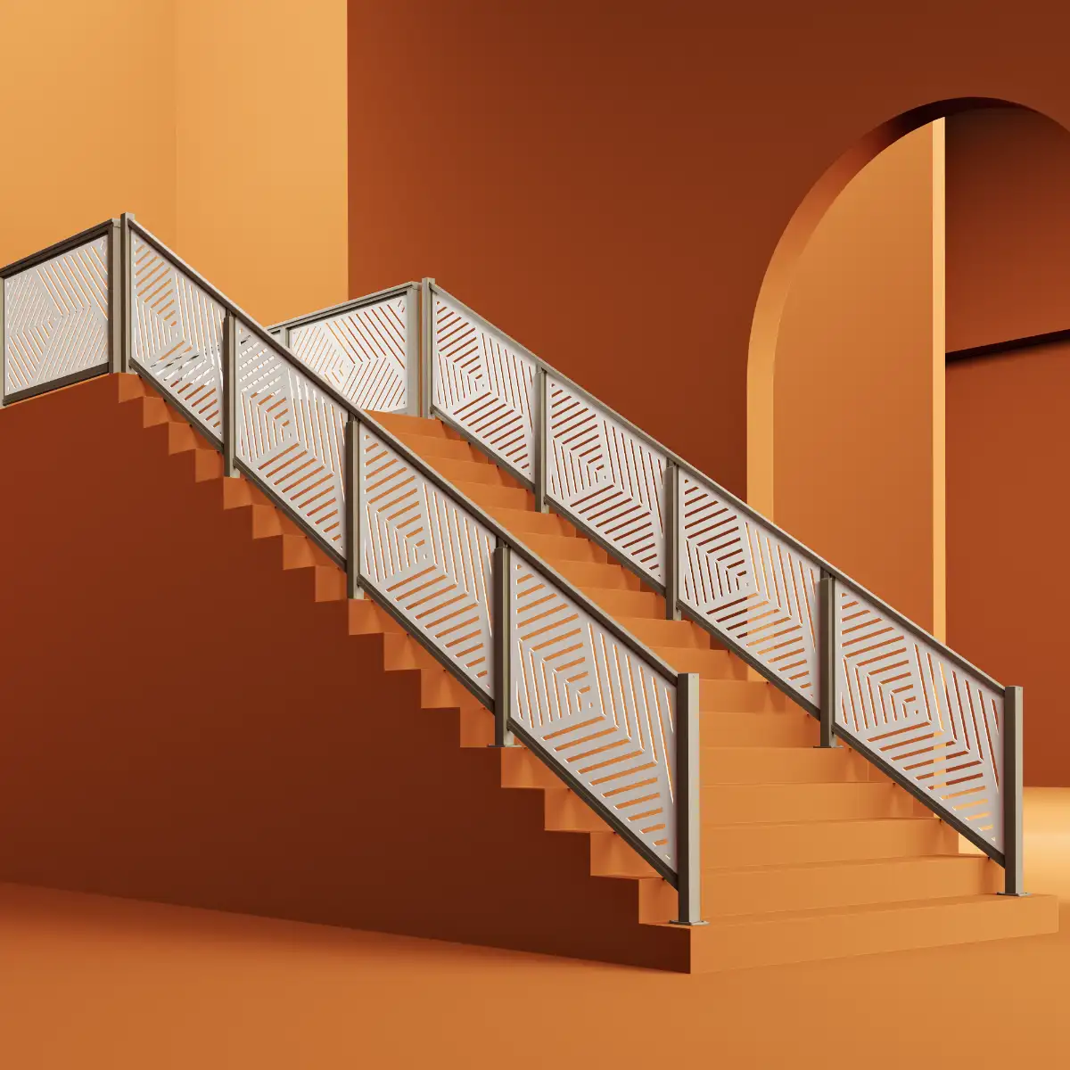 Feeney Inc. railing system 3D rendering featuring geometric patterned metal panels on a staircase, set against a warm orange backdrop