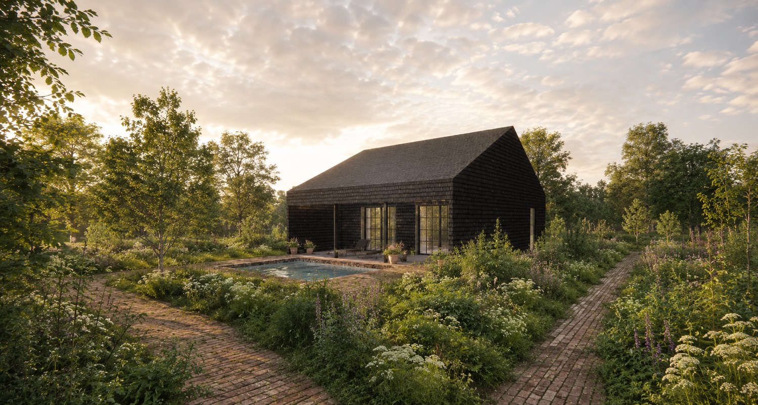 River Architects' The Pool House, a black shingle-clad structure surrounded by wildflower gardens and a brick pathway