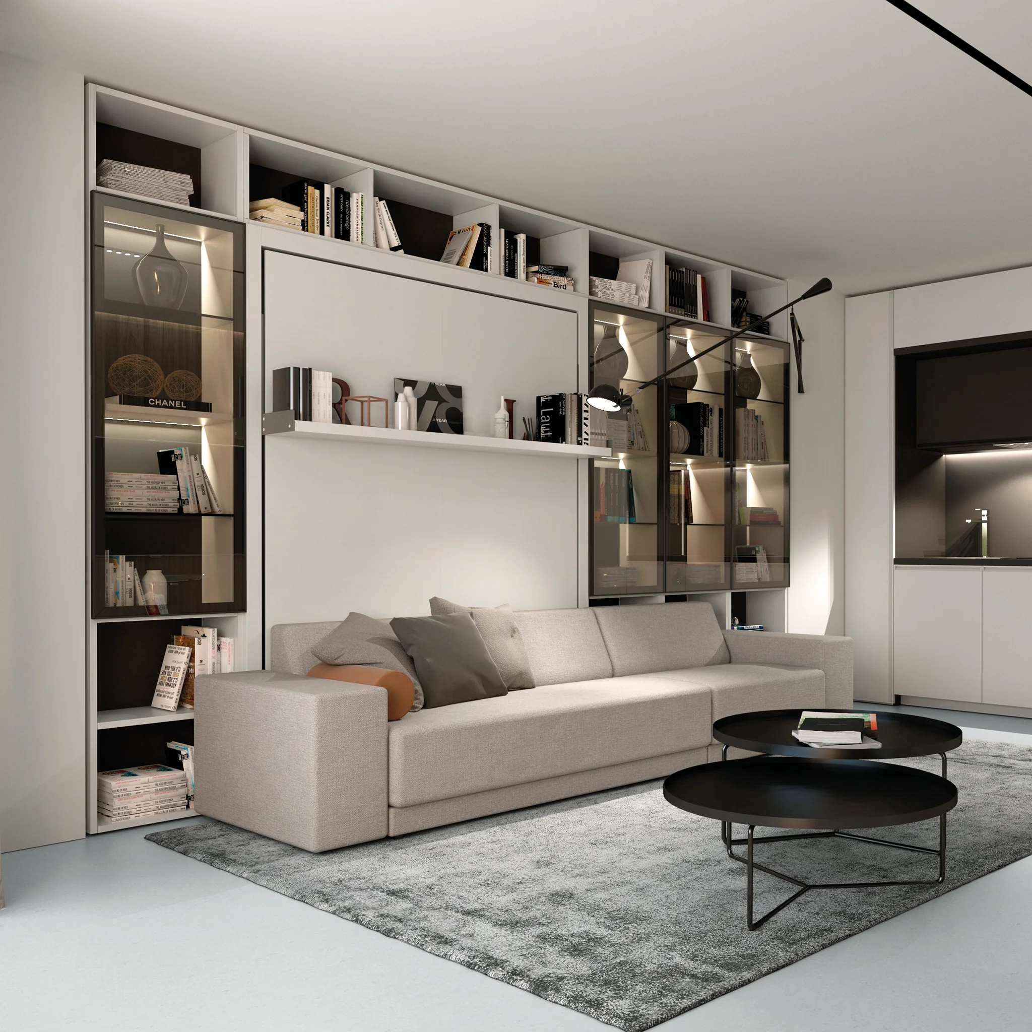 Resource Furniture wall bed and cabinet system in a modern living room with built-in bookshelves and sofa