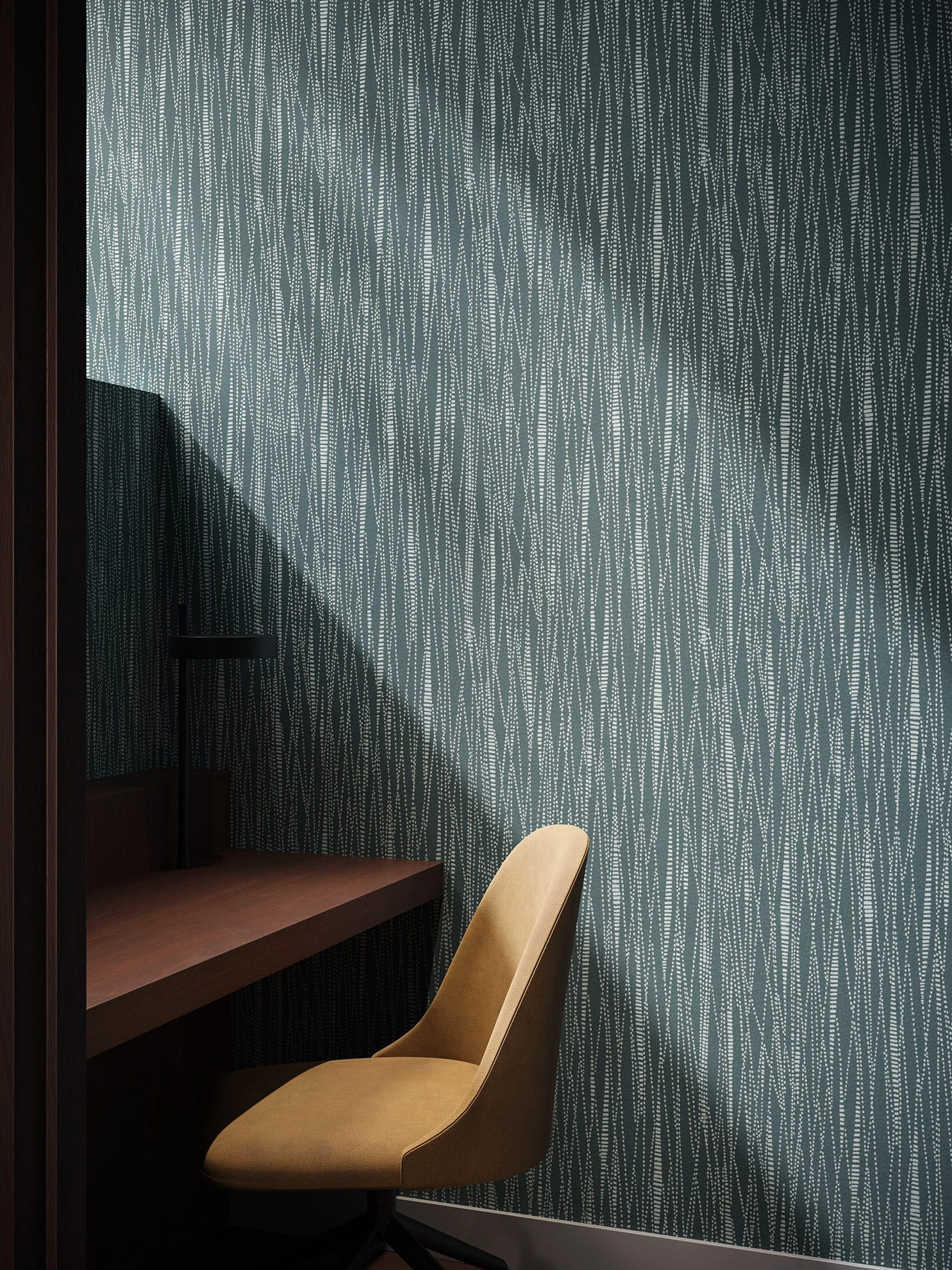 Carnegie Nebula acoustic wall textile in teal with a linear dot pattern in a quiet hotel desk nook with a mustard chair