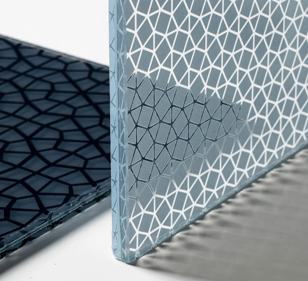 3form architectural resin panels in blue-gray with geometric lattice pattern shown as product samples against a white background