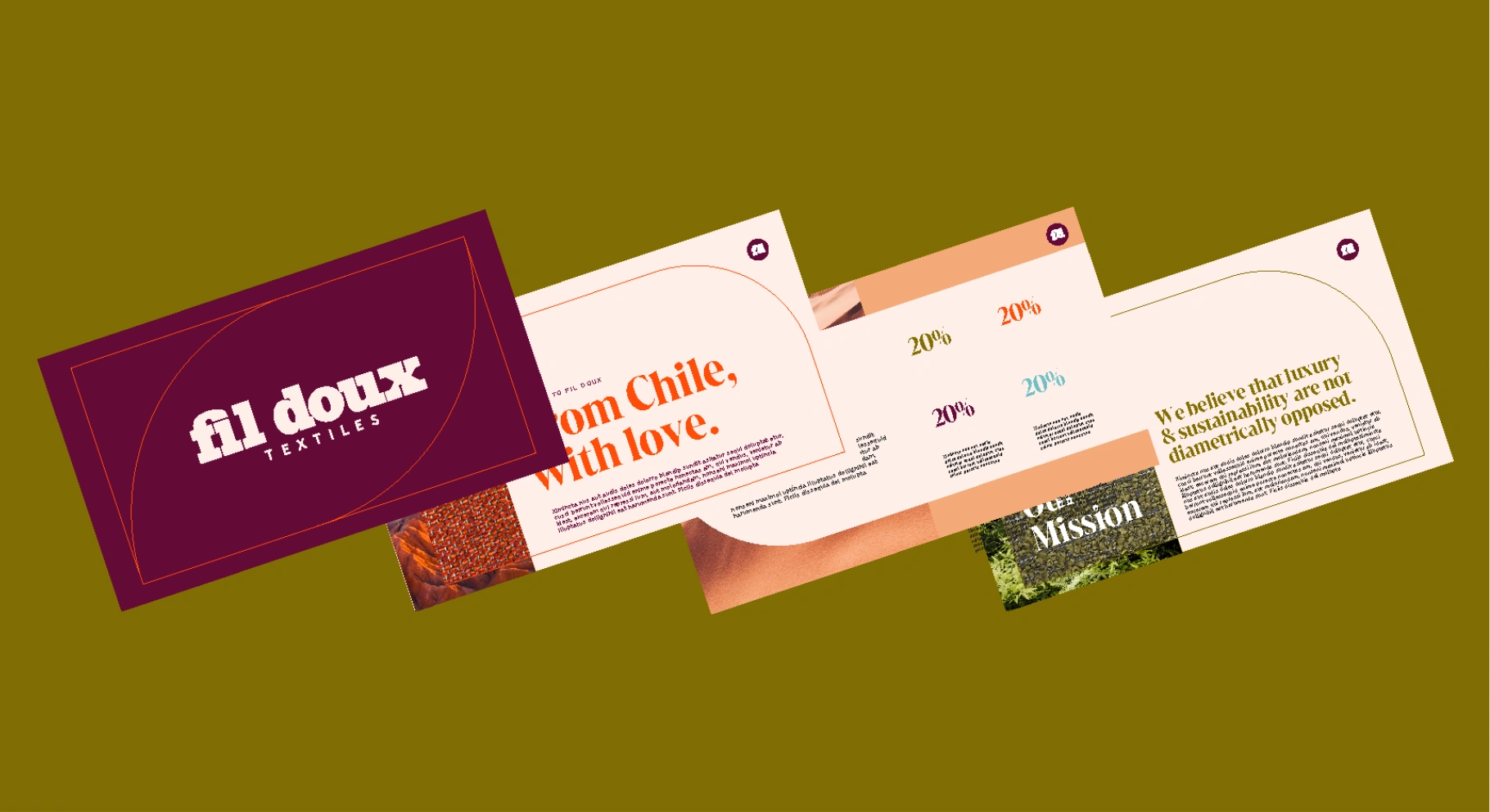 Fil Doux Textiles staff business card mockups paired with presentation slide designs in a warm color palette