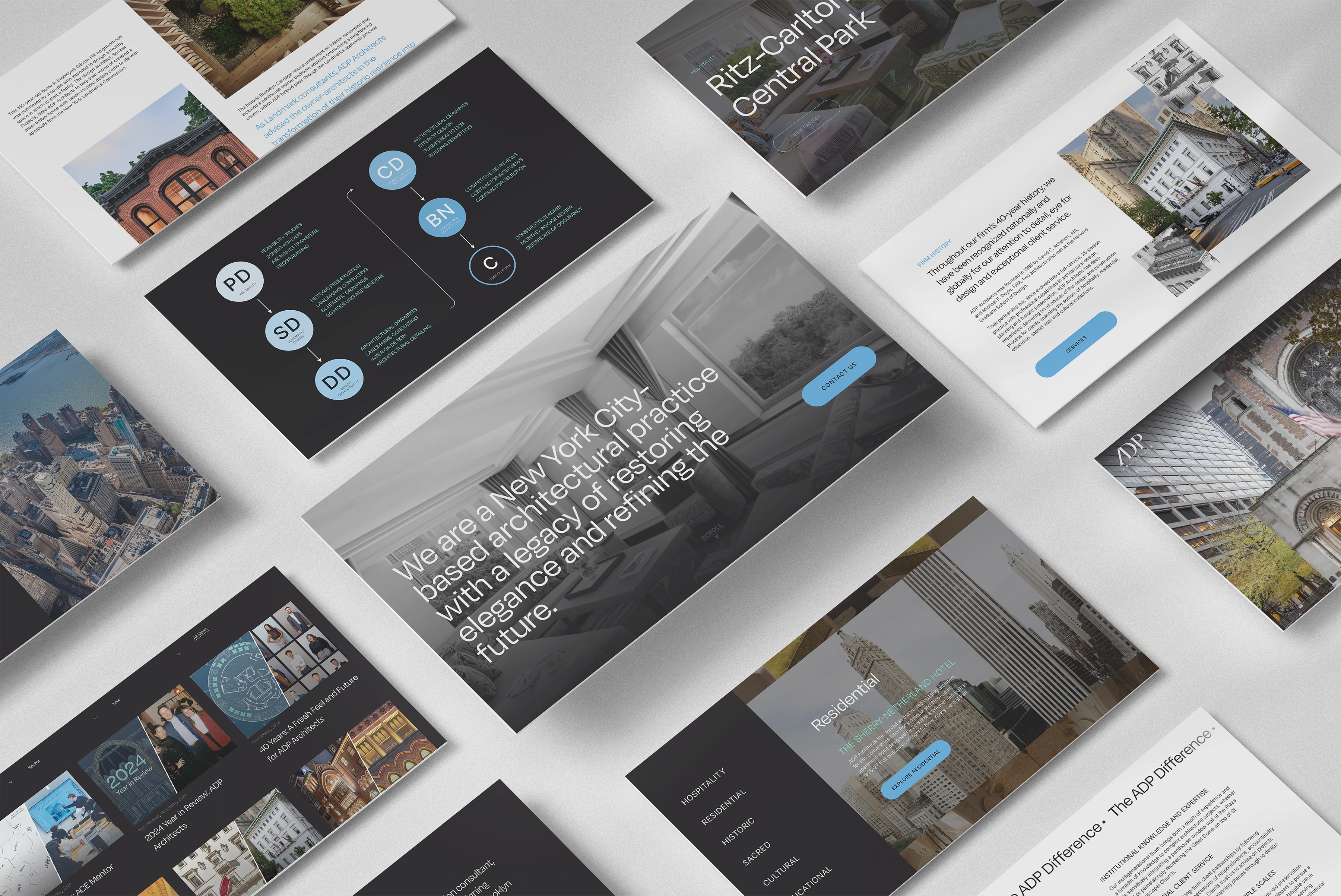 Grid of ADP Architects website page mockups showcasing project pages, firm history, and process diagrams