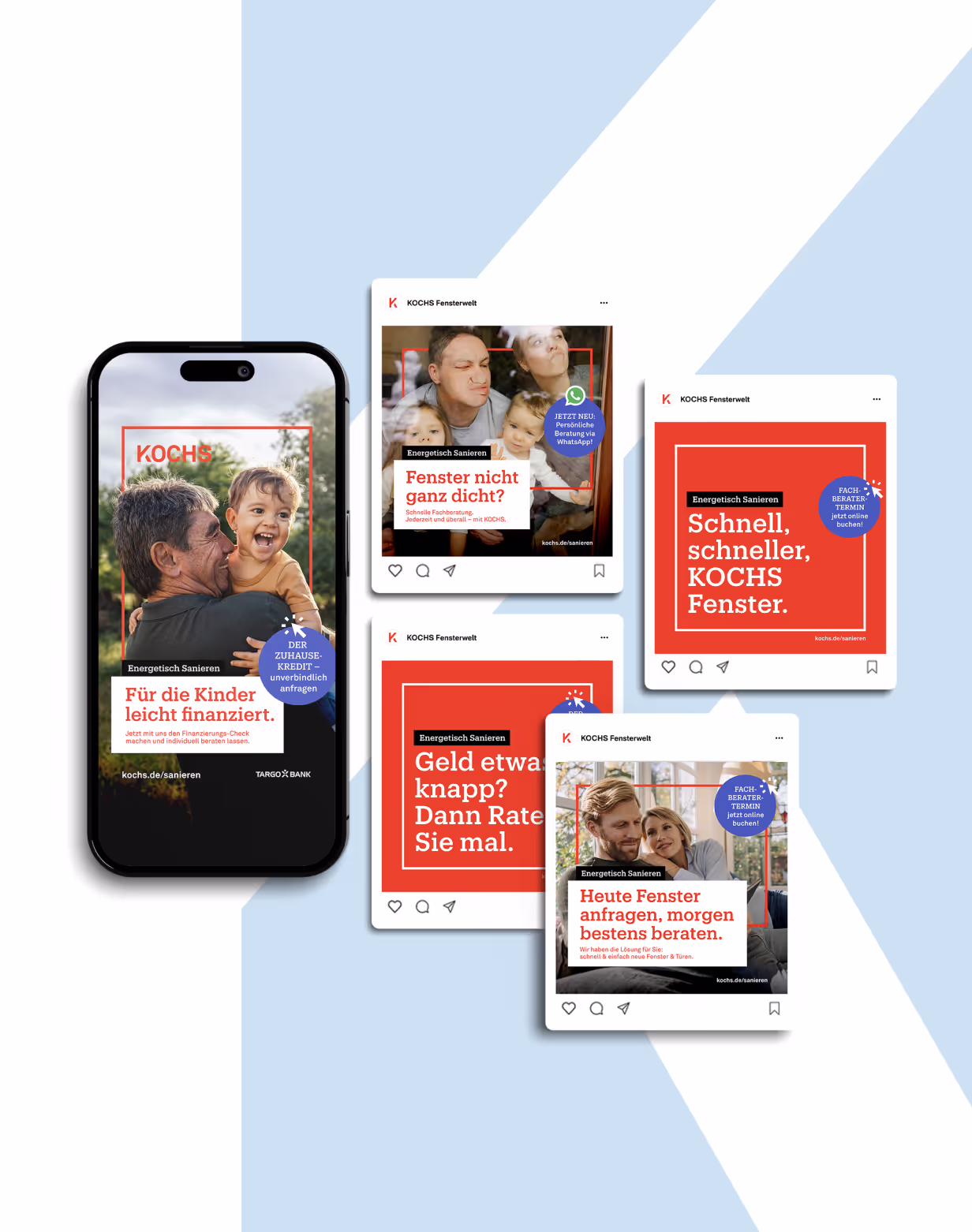 Auf verschiedenen Smartphone- und Tablet-Bildschirmen werden Bilder und Texte angezeigt, die für Finanzierungsangebote werben und auf denen lächelnde Personen sowie Call-to-Action-Buttons zu sehen sind.