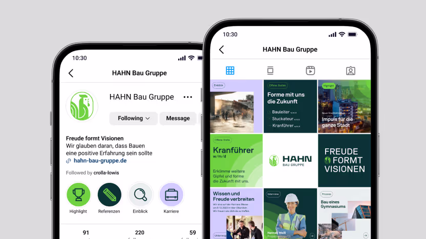Auf zwei Smartphones werden das Instagram-Profil und die Posts der „HAHN Bau Gruppe“ mit baubezogenen Inhalten und Bildern angezeigt.