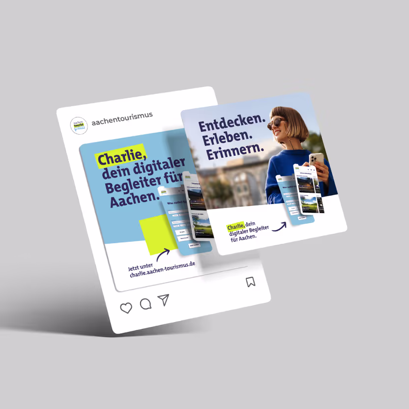 Digitale Anzeige für die Aachen-Tourismus-App mit einer Textbeschreibung und einer lächelnden Person mit einem Telefon.