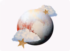 Celestial planet with soft clouds and golden star symbols representing zodiac
