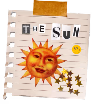 Smiling sun illustration with stars on vintage paper zodiac horoscope page