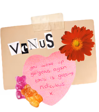 Venus sign with heart, flower, and gummy bears in playful collage