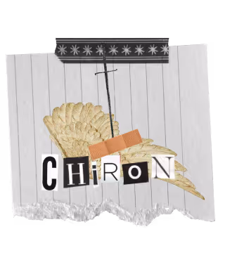 Charon's symbolic logo with wings, cross, and stylized typography on textured background