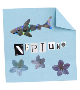 Holographic shark, Neptune letters, and blue flower blossoms on pastel background