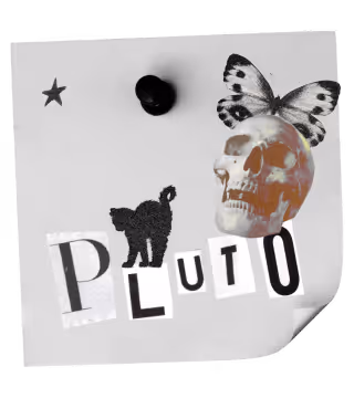 Artistic collage featuring Pluto text, skull, butterfly, star, and black cat silhouette