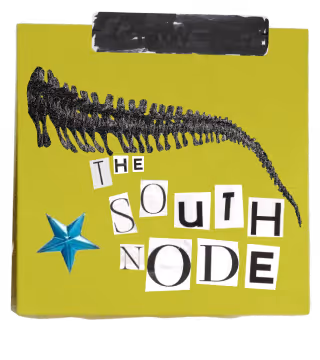 Book cover with dinosaur skeleton and cutout text "The South Node"