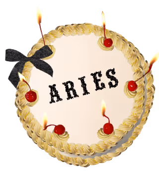 Birthday cake with Aries zodiac sign, adorned with candles and black bow