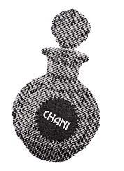 Black and white vintage perfume bottle with 'Chanel' label