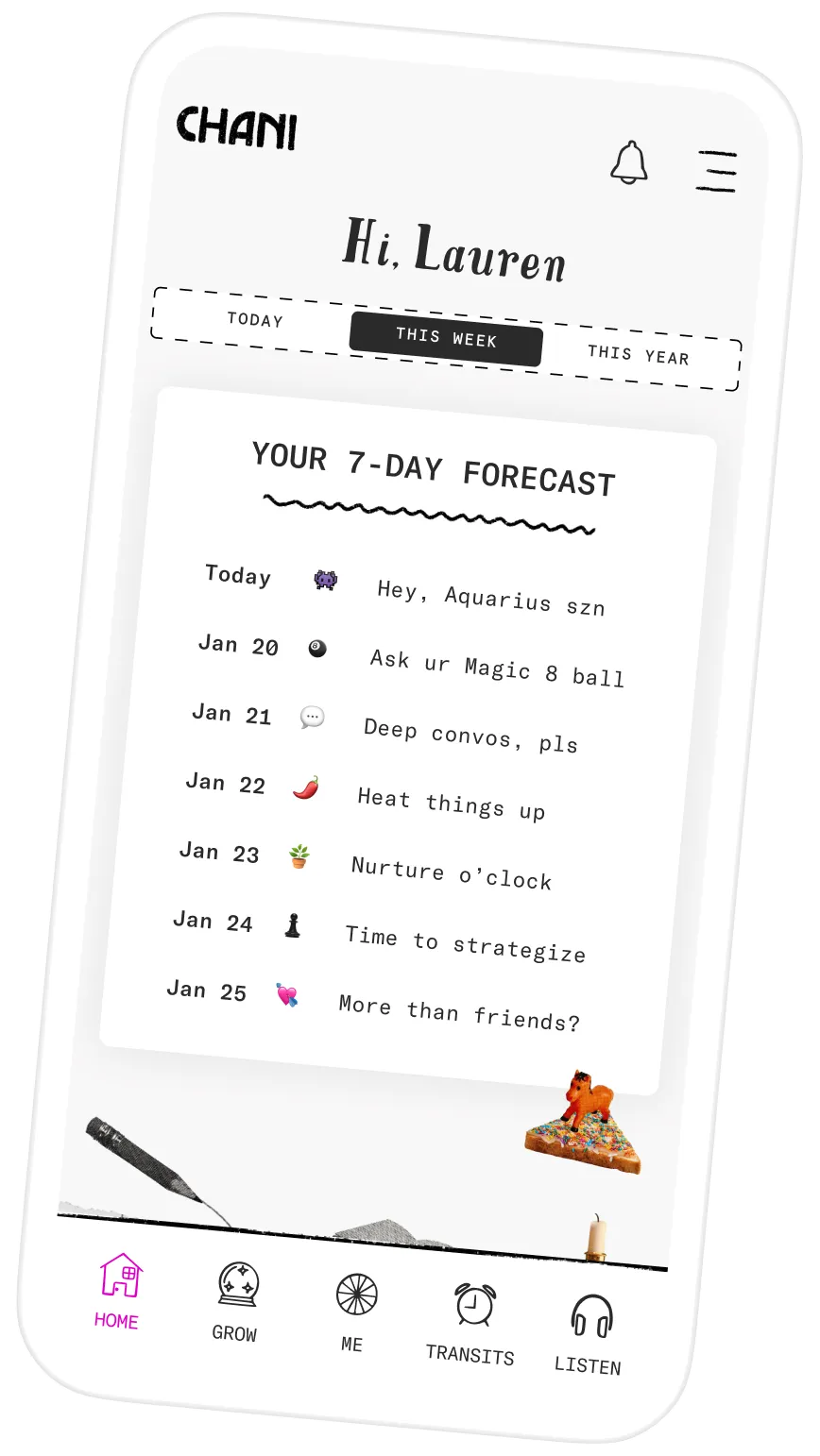 A screen capture of a sample 7-day astro forecast in the CHANI app with emojis and shorts descriptions for reach day’s mood.