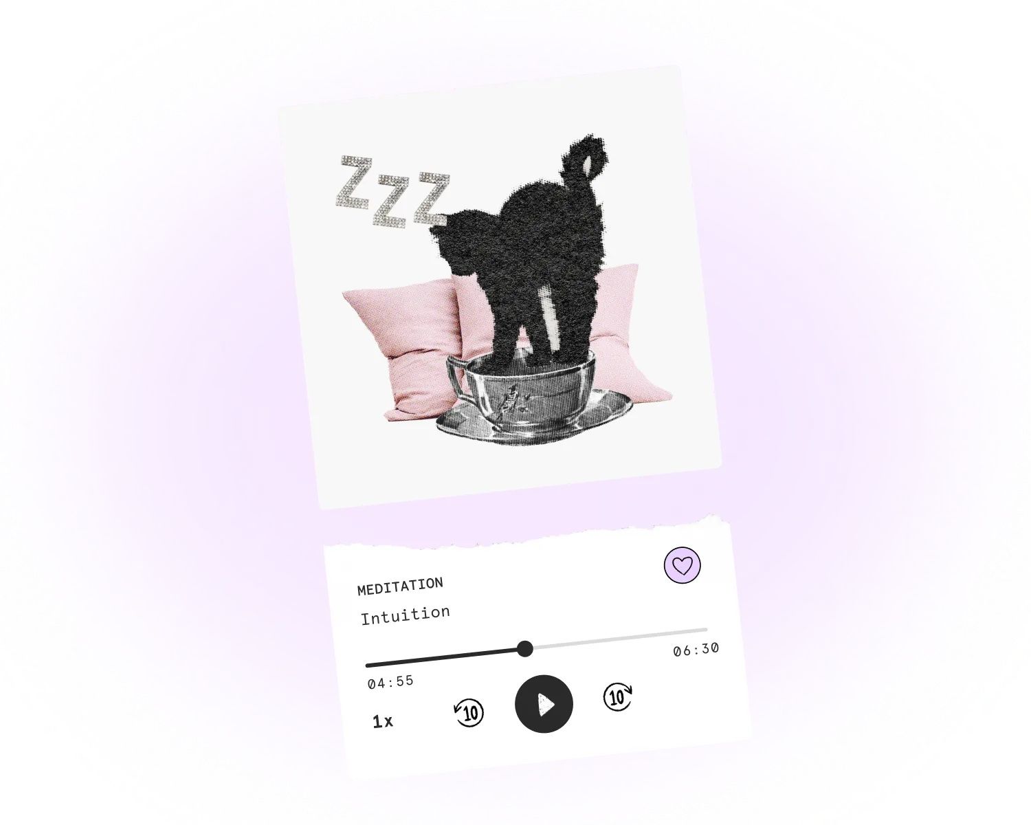Screen capture of the “Intuition” meditation playing on the CHANI app. The cover image for the meditation is a black cat arching it’s back while standing in a teacup in front of pink throw pillows and the letters “Zzz” in the background.