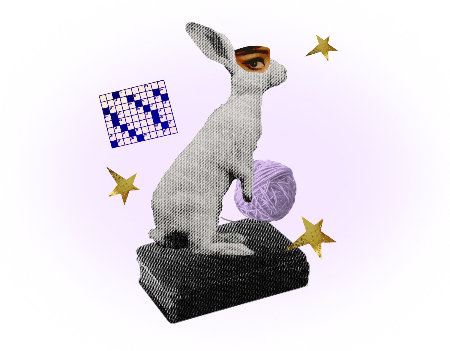 A rabbit with a human eye crouched on a book, holding a ball of yarn, surrounded by stars and a blank crossword puzzle.