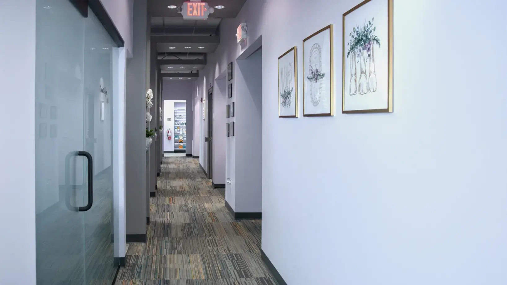 A hallway with framed pictures on the wall and a glass door on the left.