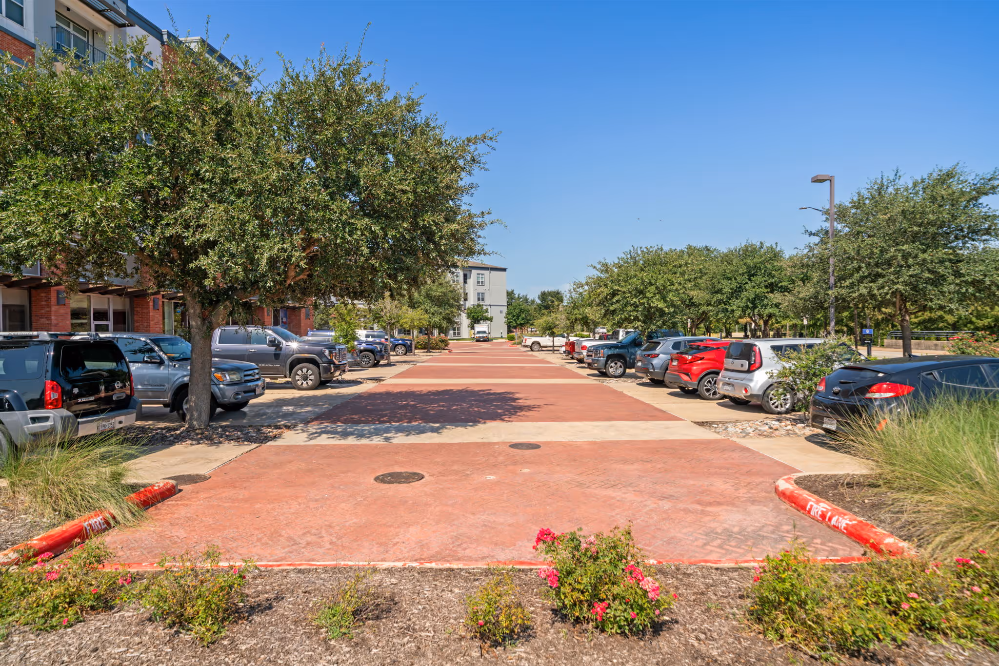 Paved resident and guest parking area surrounded by mature trees at The Lofts at Wolf Pen Creek.