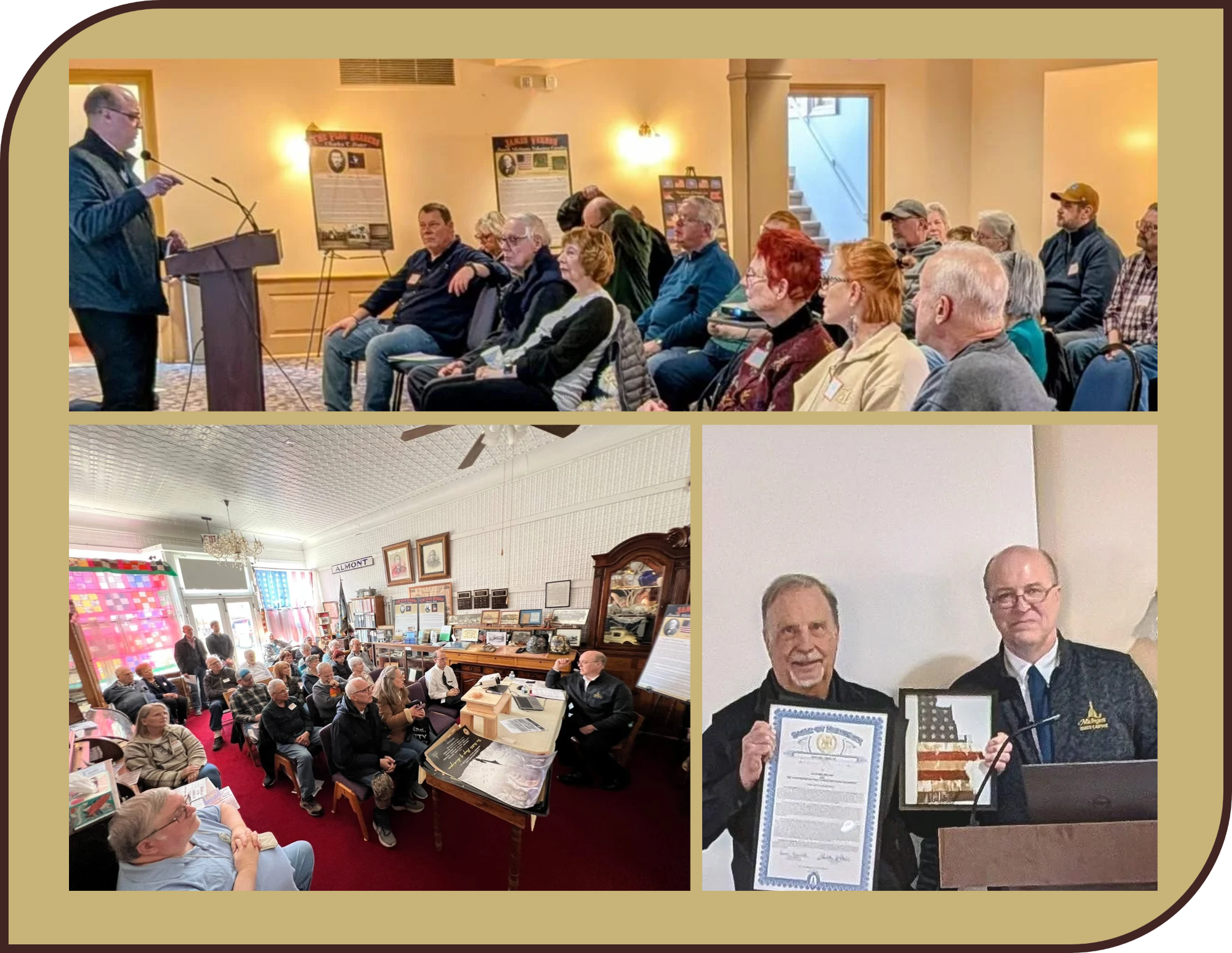 Collage of three photos from historical presentations: a speaker at a podium addressing an audience, a crowded meeting room with attendees seated among historical displays, and two men posing with a certificate and framed battle flag artwork.