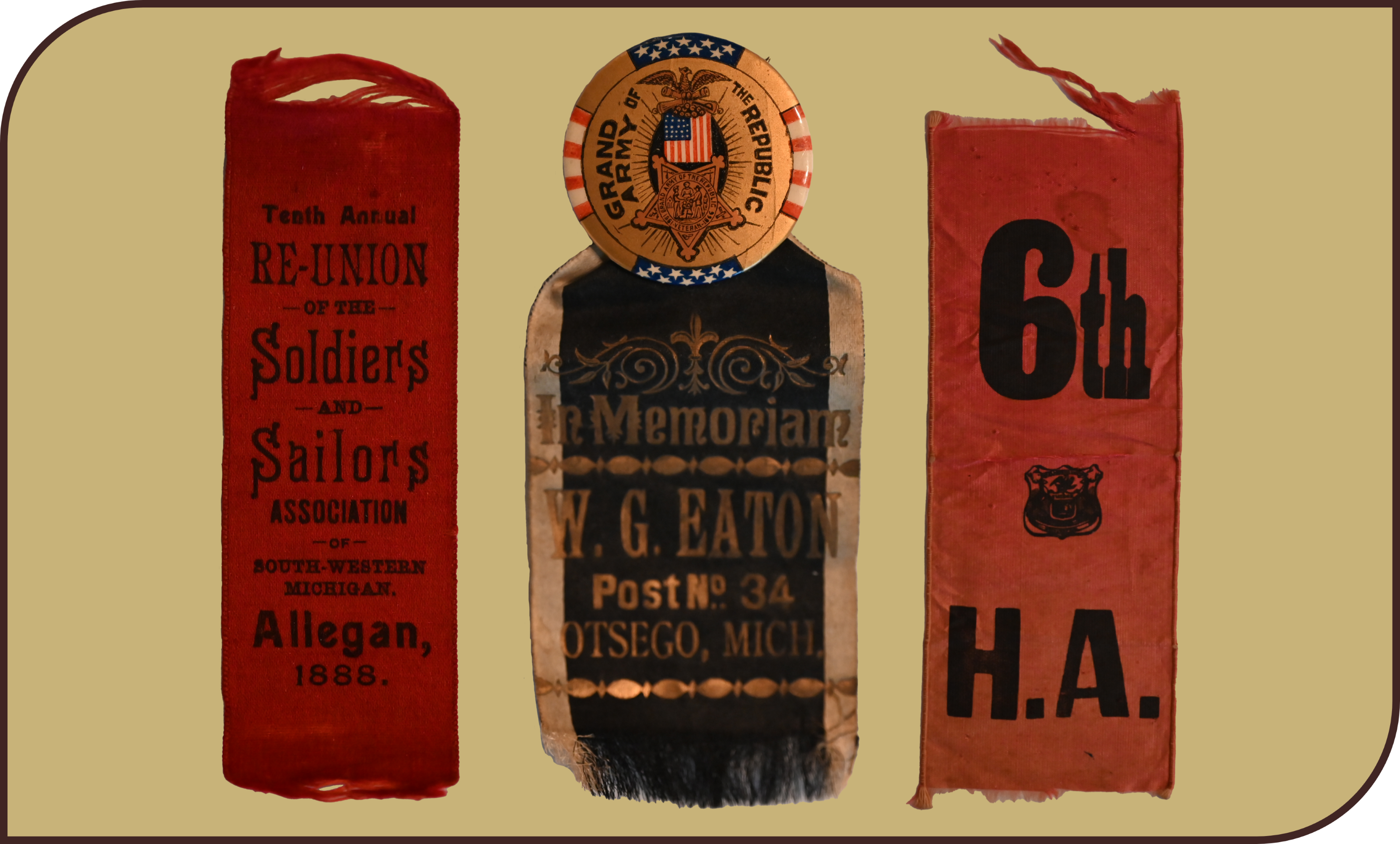 three slightly frayed commemorative ribbons from post Civil War era veterans reunions and organizations.